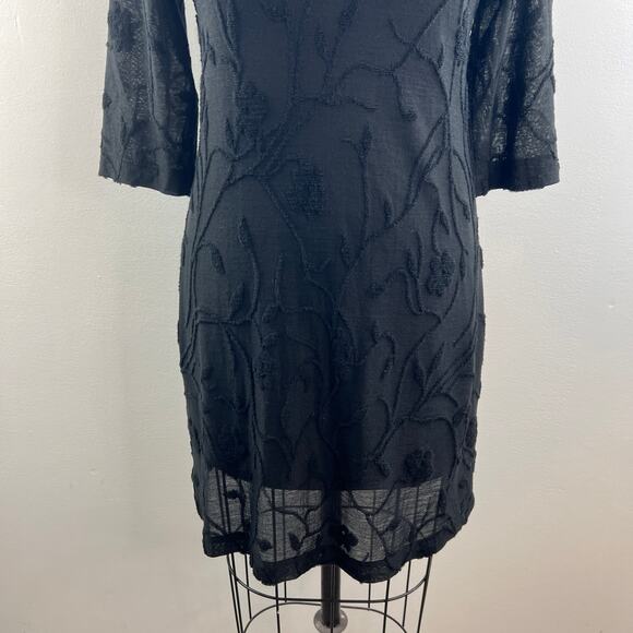 VTG Johnny Was Black Lace Shift Dress Scoop Neck Floral 3/4 Sleeve Size Small S - Picture 4 of 9